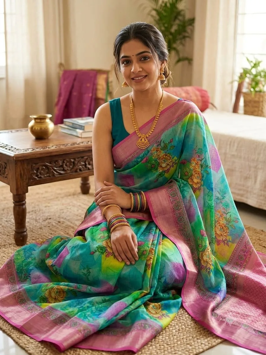 Teal Green Linen Cotton Saree with Multicolor Floral Print and Pink Border